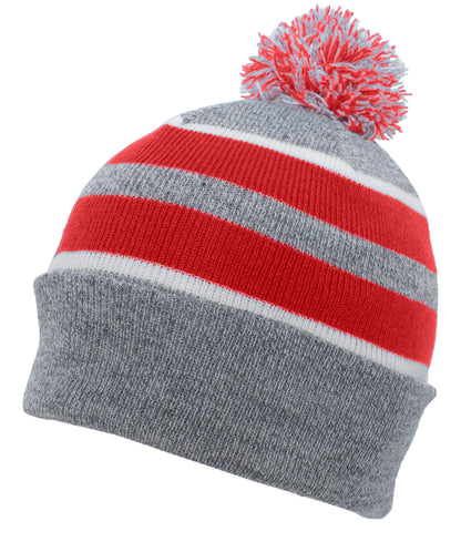 Knit Fold Over Pom-Pom Beanie - Heather/Red/White