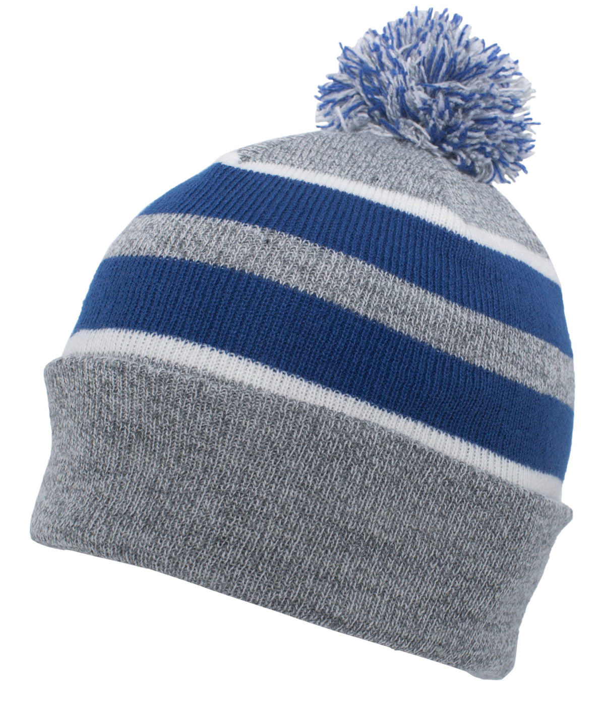 Knit Fold Over Pom-Pom Beanie - Heather/Royal/White