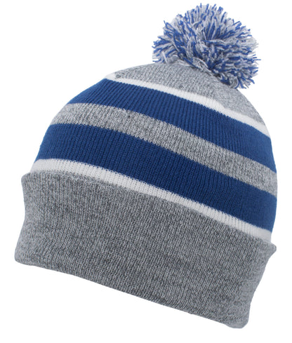 Knit Fold Over Pom-Pom Beanie - Heather/Royal/White