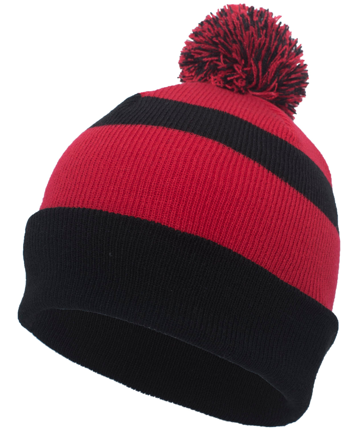 Knit Fold Over Pom-Pom Beanie - Black/Red/Black