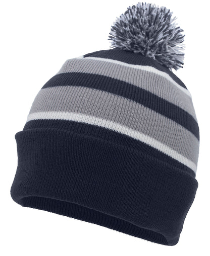 Knit Fold Over Pom-Pom Beanie - Navy/Silver/White