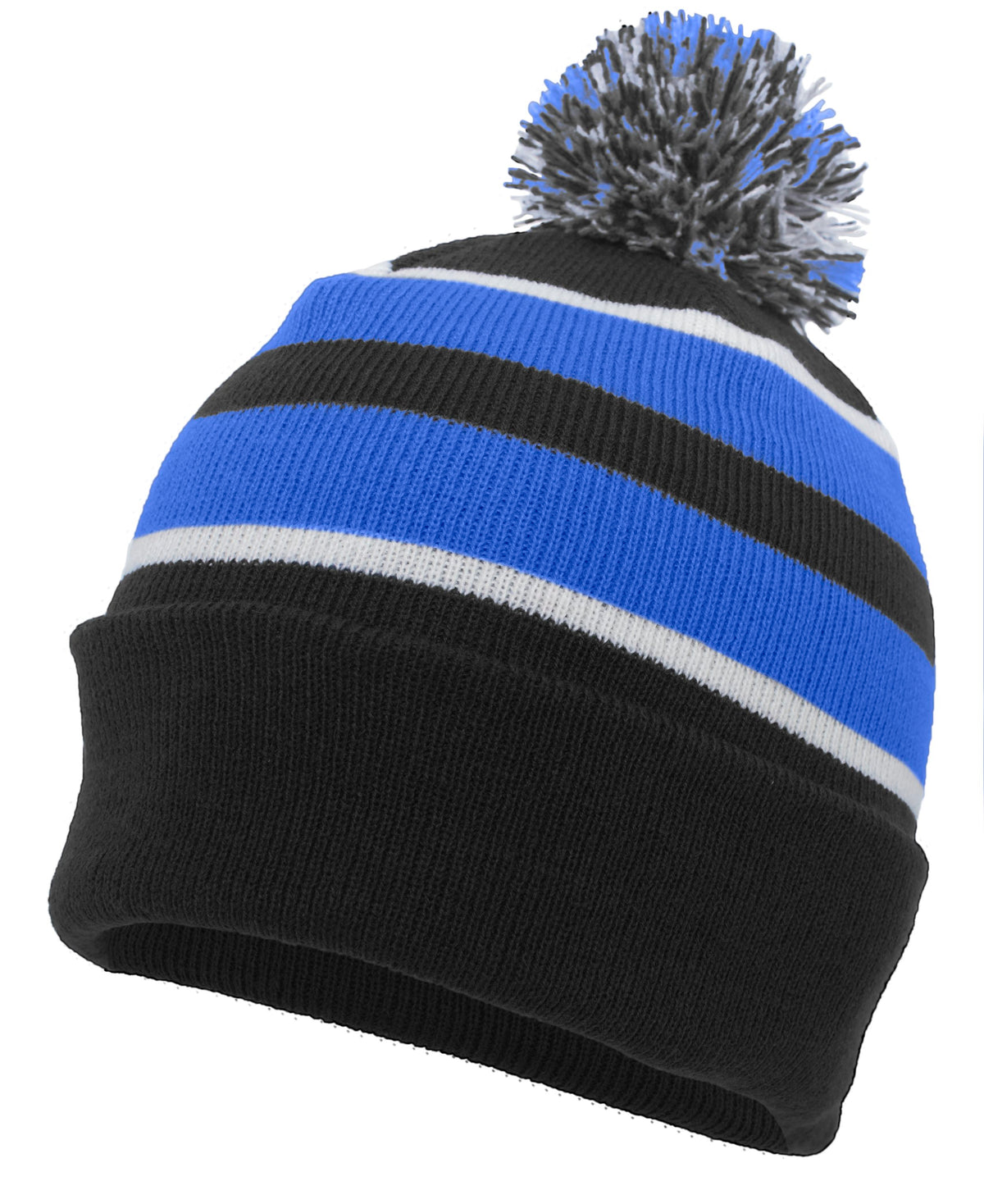 Knit Fold Over Pom-Pom Beanie - Black/Royal/White