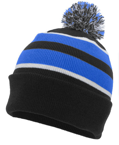 Knit Fold Over Pom-Pom Beanie - Black/Royal/White