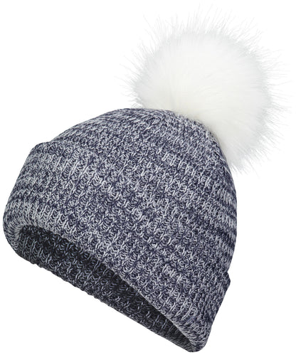 Faux Fur Pom Beanie - Navy/White