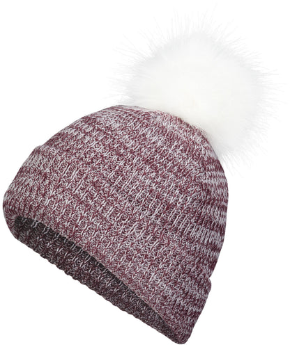 Faux Fur Pom Beanie - Maroon/White