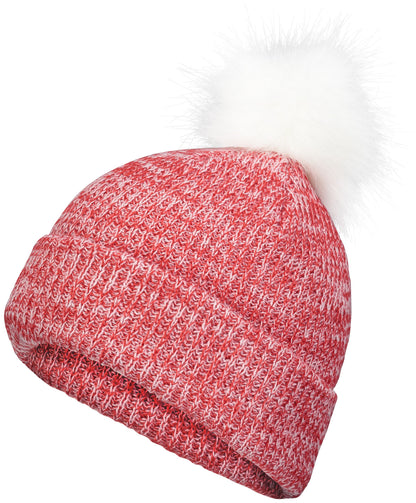 Faux Fur Pom Beanie - Red/White