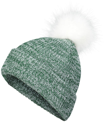 Faux Fur Pom Beanie - Dark Green/White