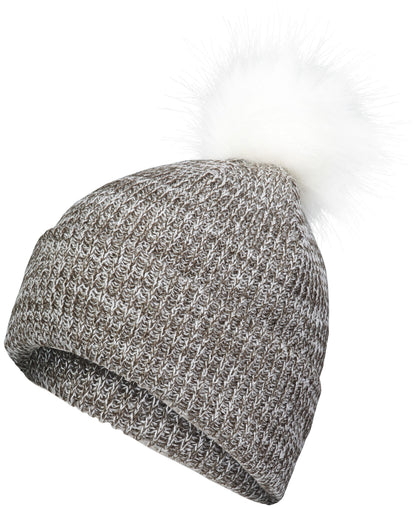 Faux Fur Pom Beanie - Brown/White
