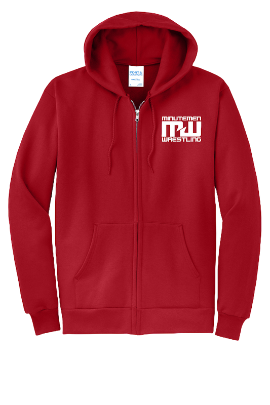Minutemen wrestling Red Essential Fleece Full-Zip Hooded Sweatshirt (left chest logo)