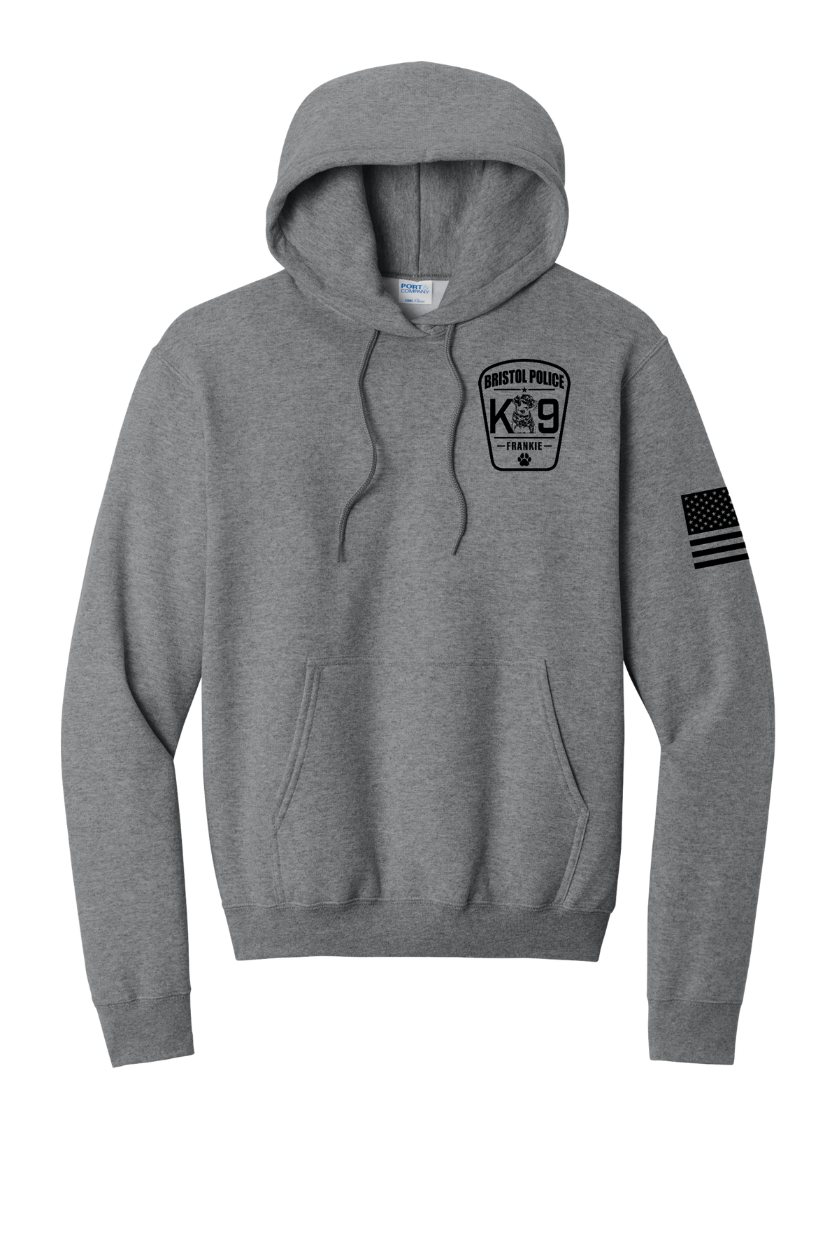 K9 Frankie Core Fleece Pullover Hooded Sweatshirt -Graphtec Heather (Black Print) Flag