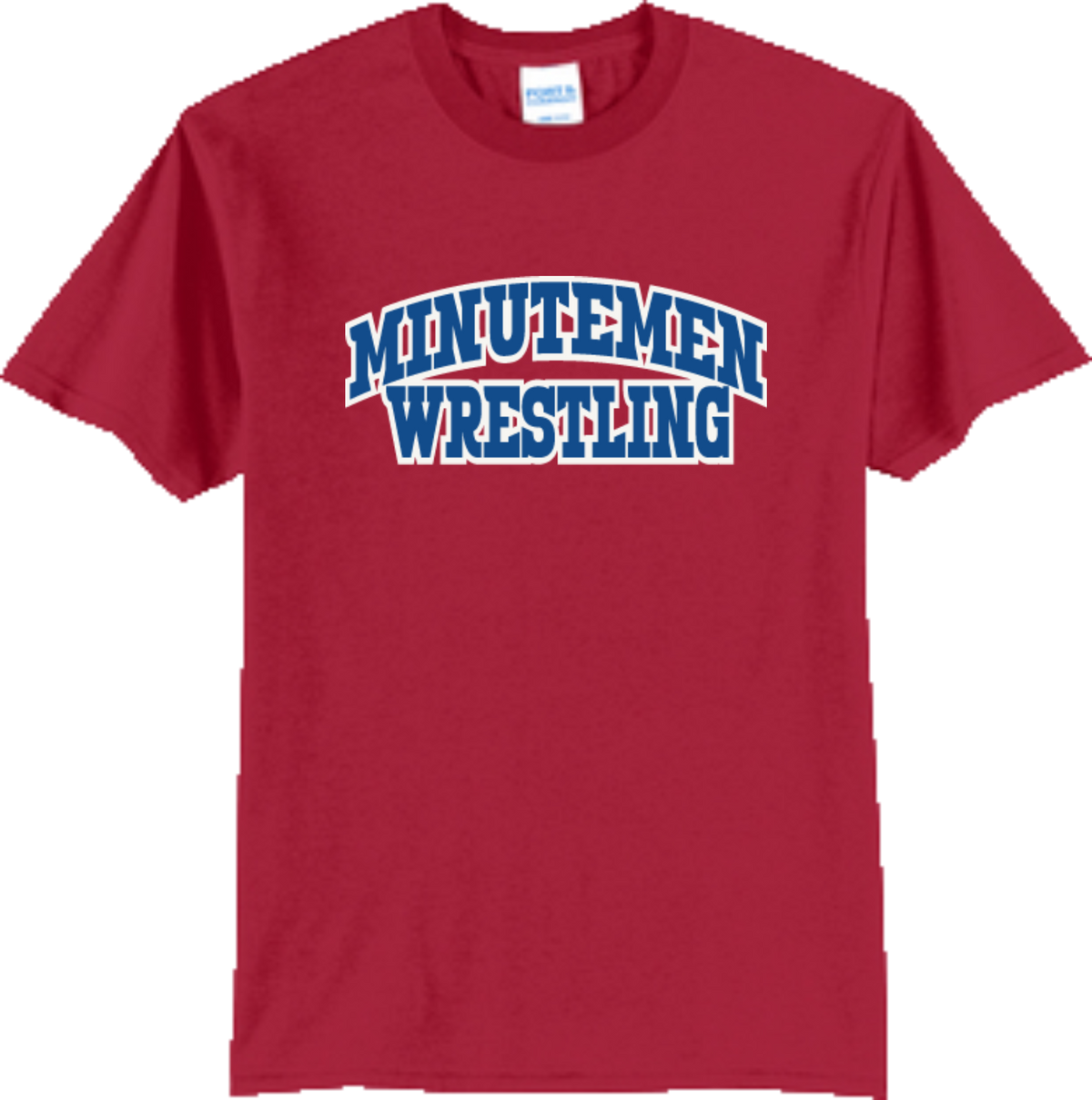 MinuteMen Wrestling Core Blend Red T-shirt (Arch design blue w/white outline)