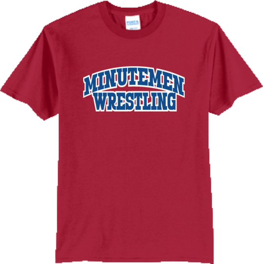 MinuteMen Wrestling Core Blend Red T-shirt (Arch design blue w/white outline)