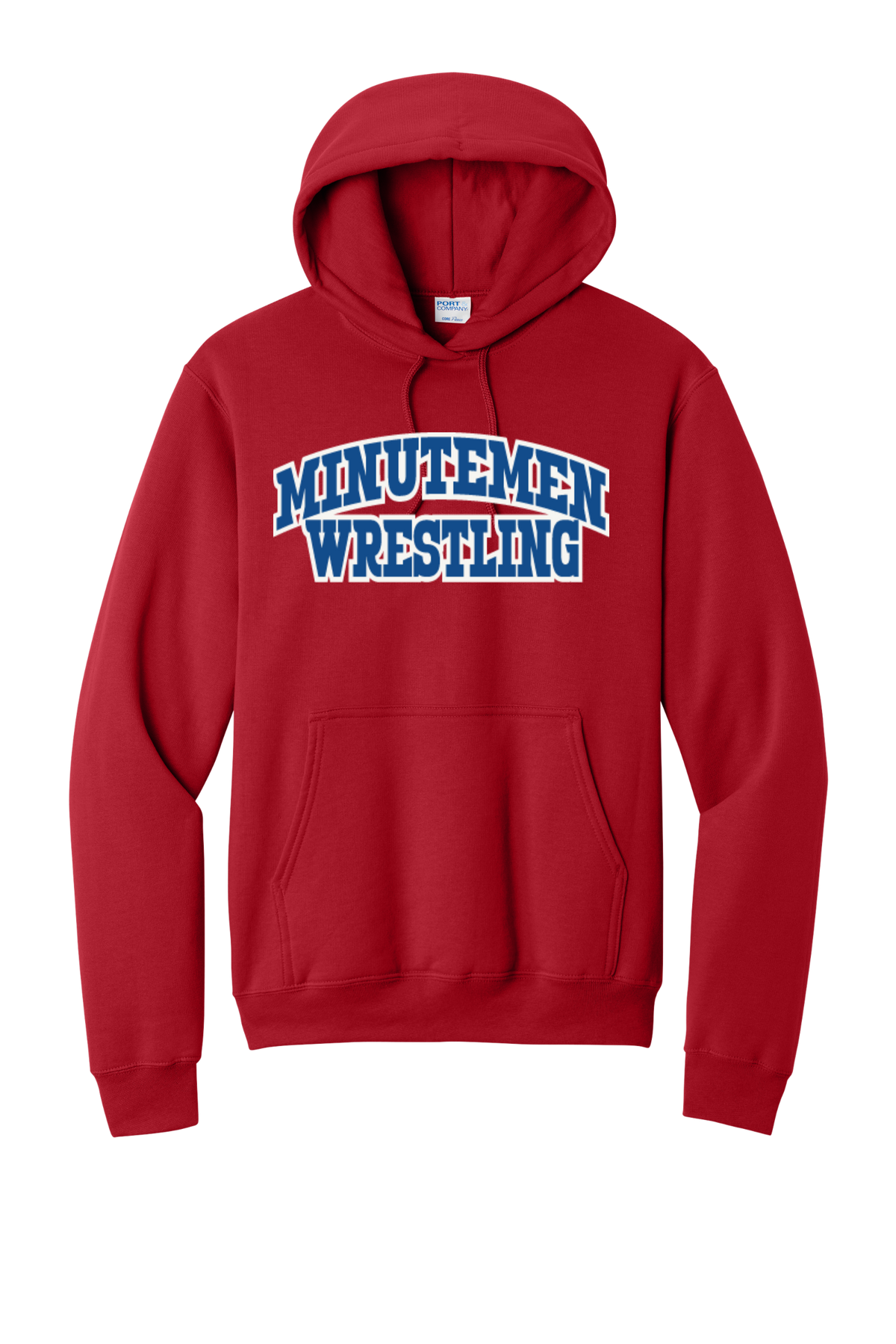 Minutemen Wrestling Red Hooded Sweatshirt  (Arch design blue w/white outline)