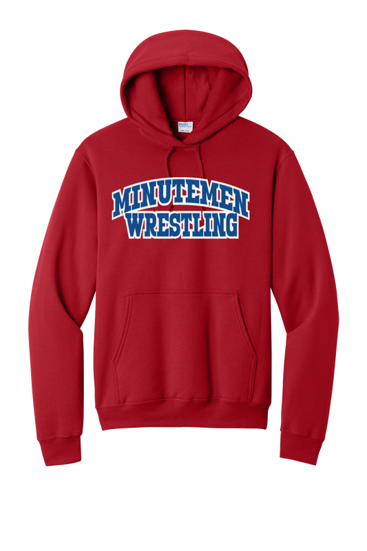 Minutemen Wrestling Red Hooded Sweatshirt  (Arch design blue w/white outline)