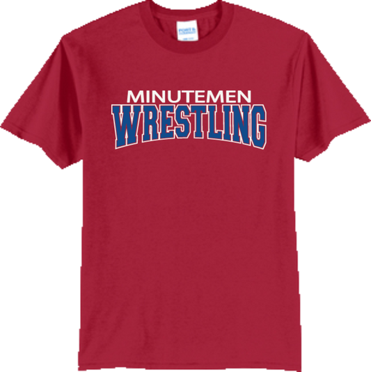 MinuteMen Wrestling Core Blend Red T-shirt (white and blue print)