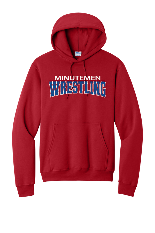 Minutemen Wrestling Red Hooded Sweatshirt (white and blue print)