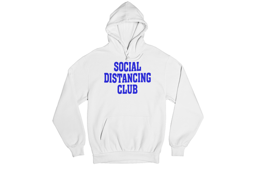 Youth Social Distancing Hooded Sweatshirt White Blue Writing