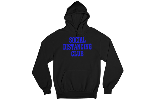 Youth Social Distancing Club Hooded Sweatshirt Black Blue Writing