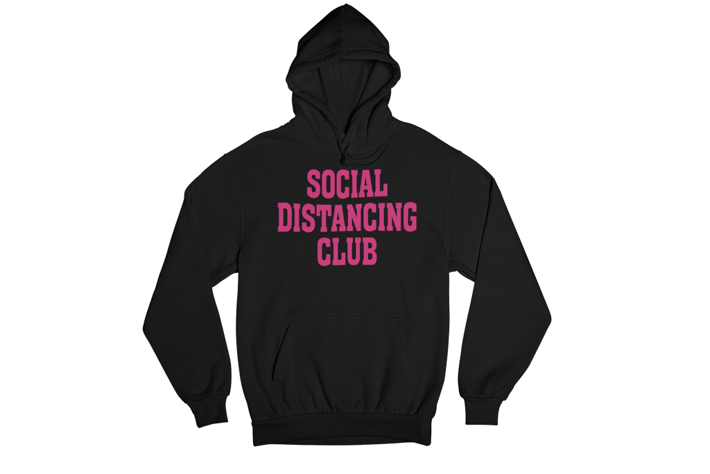 Unisex Social Distancing Hooded Sweatshirt Black Pink Writing