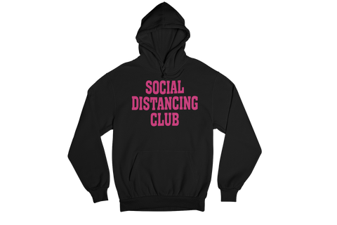 Youth Social Distancing Club Hooded Sweatshirt Black Pink Writing